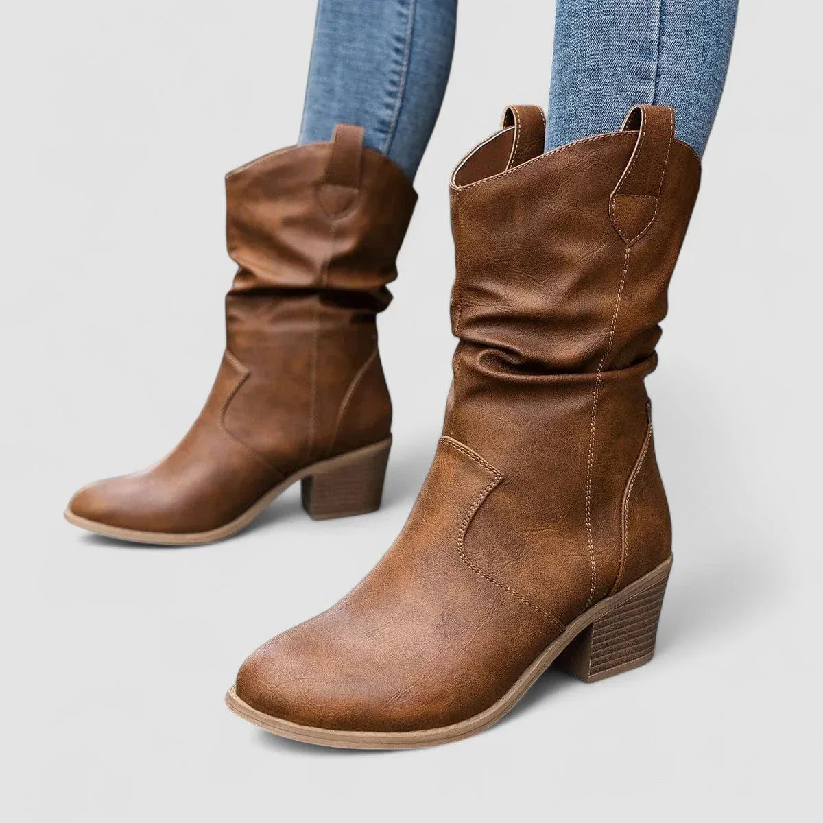 Blythe | Slouch Leather-Look Western Ankle Boots, colour Brown