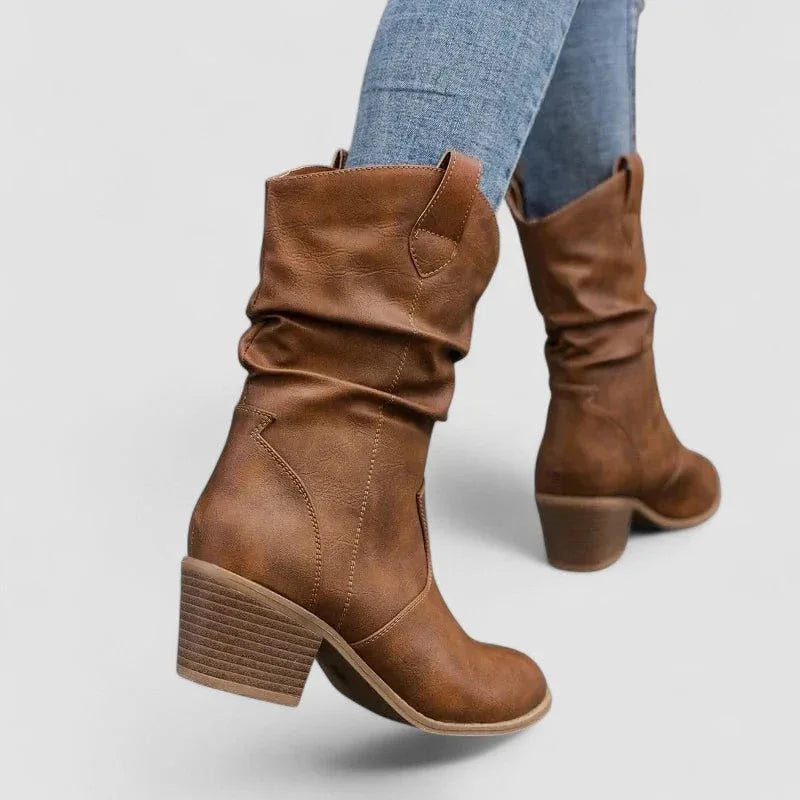 Blythe | Slouch Leather-Look Western Ankle Boots, colour Brown