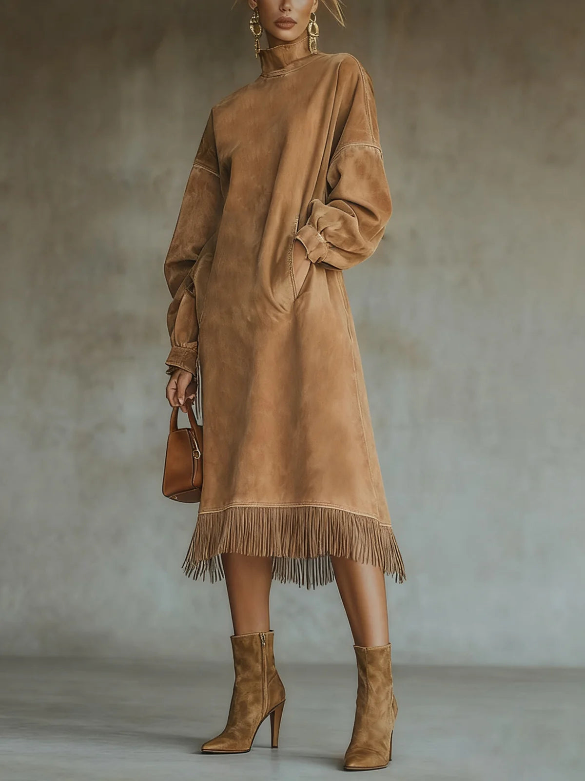 Brenda | Suede-Look Fringe Hem Midi Dress, colour Camel