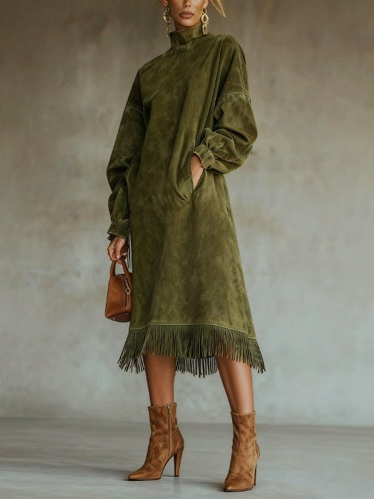 Brenda | Suede-Look Fringe Hem Midi Dress, colour Olive