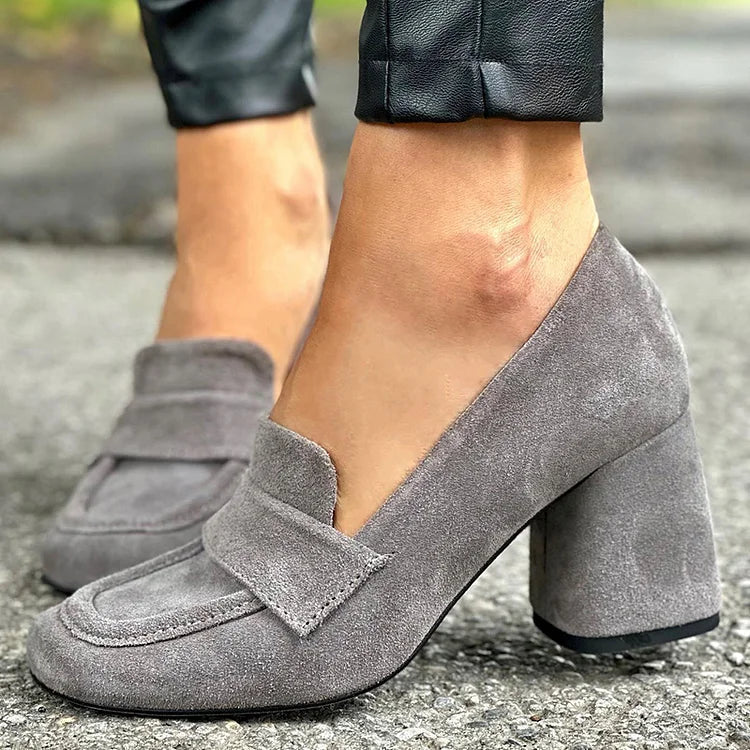 Bria | Grey Block Heel Loafers