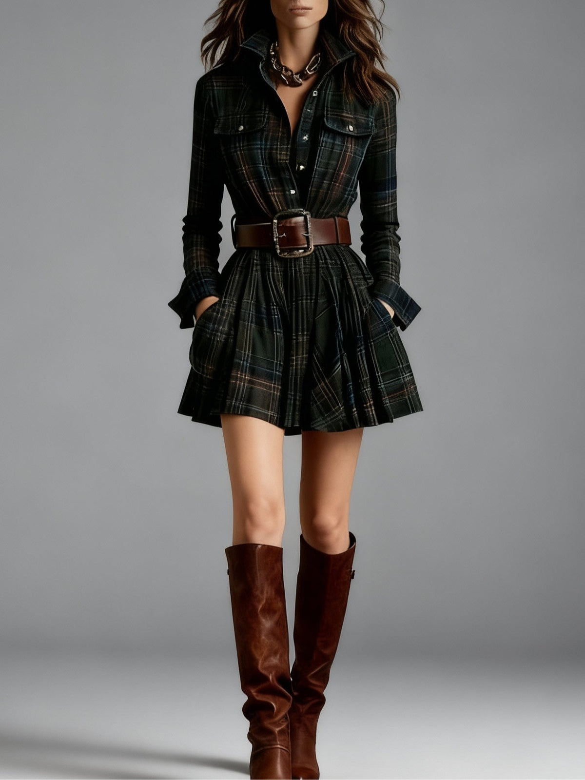 Bridget | Belted Check Mini Shirt Dress, colour Green Check