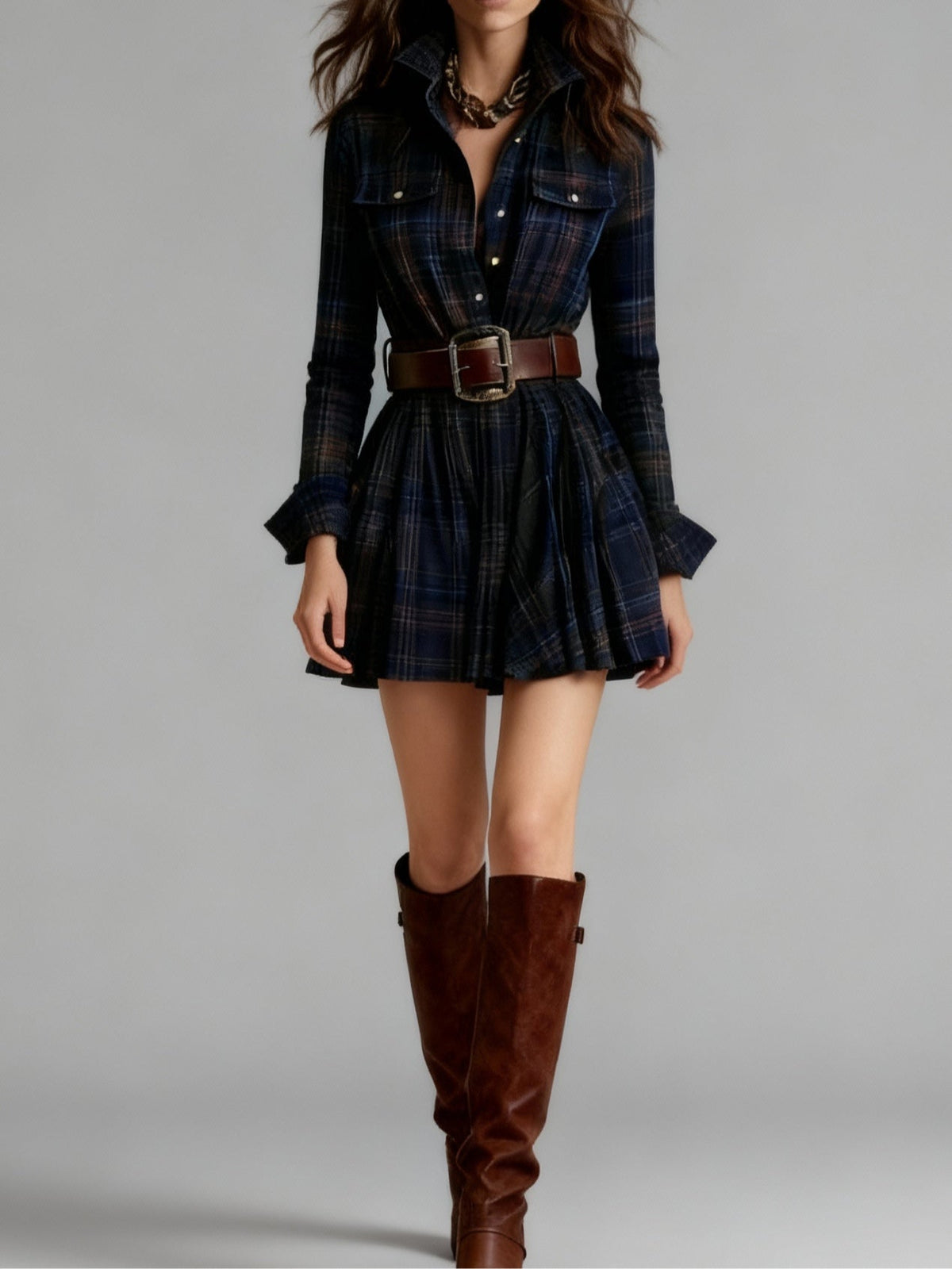 Bridget | Belted Check Mini Shirt Dress, colour Navy Check