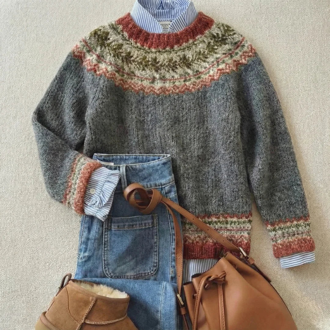 Britt | Stone Grey and Rust Fair Isle Jumper, colour Stone Grey