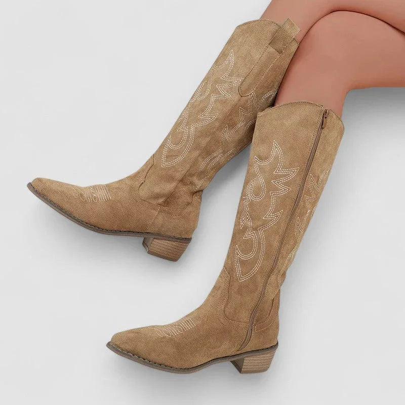 Bronwen | Embroidered Western Knee-High Boots, colour Beige