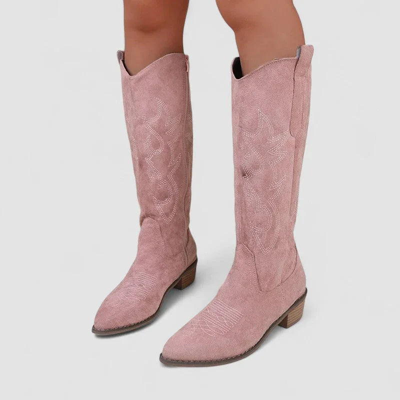 Bronwen | Embroidered Western Knee-High Boots, colour Pink