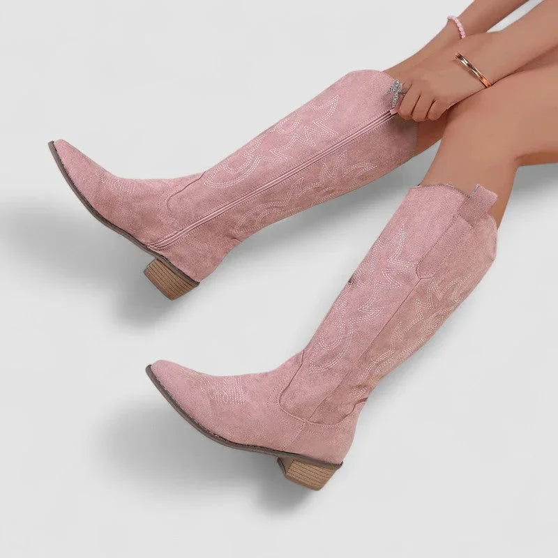 Bronwen | Embroidered Western Knee-High Boots, colour Pink