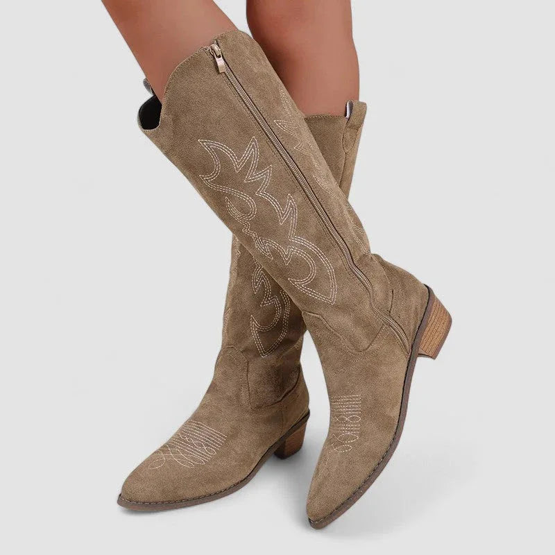 Bronwen | Embroidered Western Knee-High Boots, colour Taupe