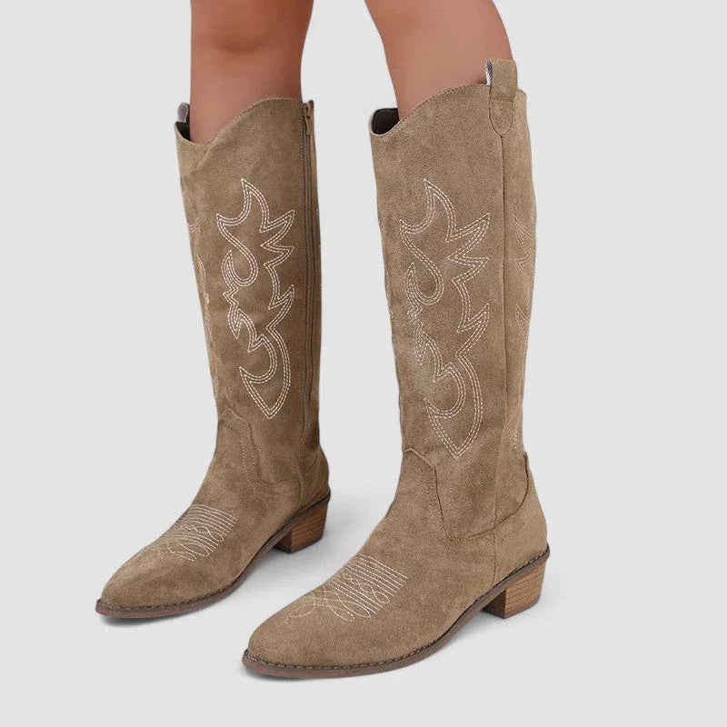 Bronwen | Embroidered Western Knee-High Boots, colour Taupe