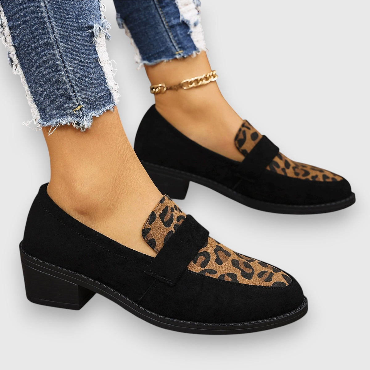 Bruna | Leopard Panel Block Heel Loafers, colour Black