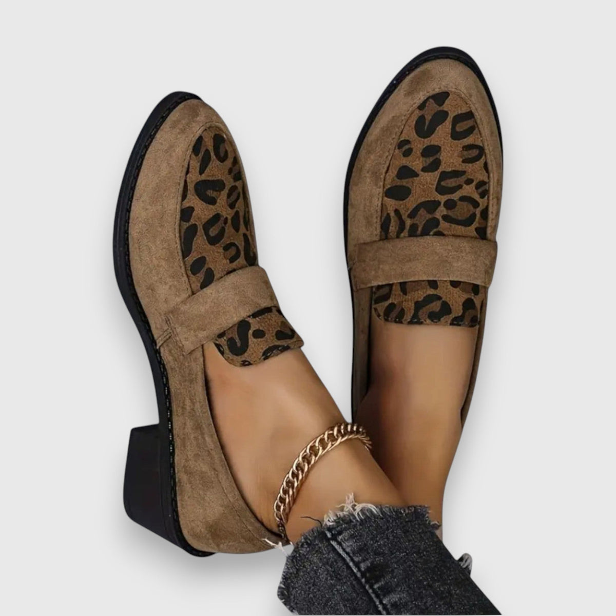 Bruna | Leopard Panel Block Heel Loafers, colour Brown