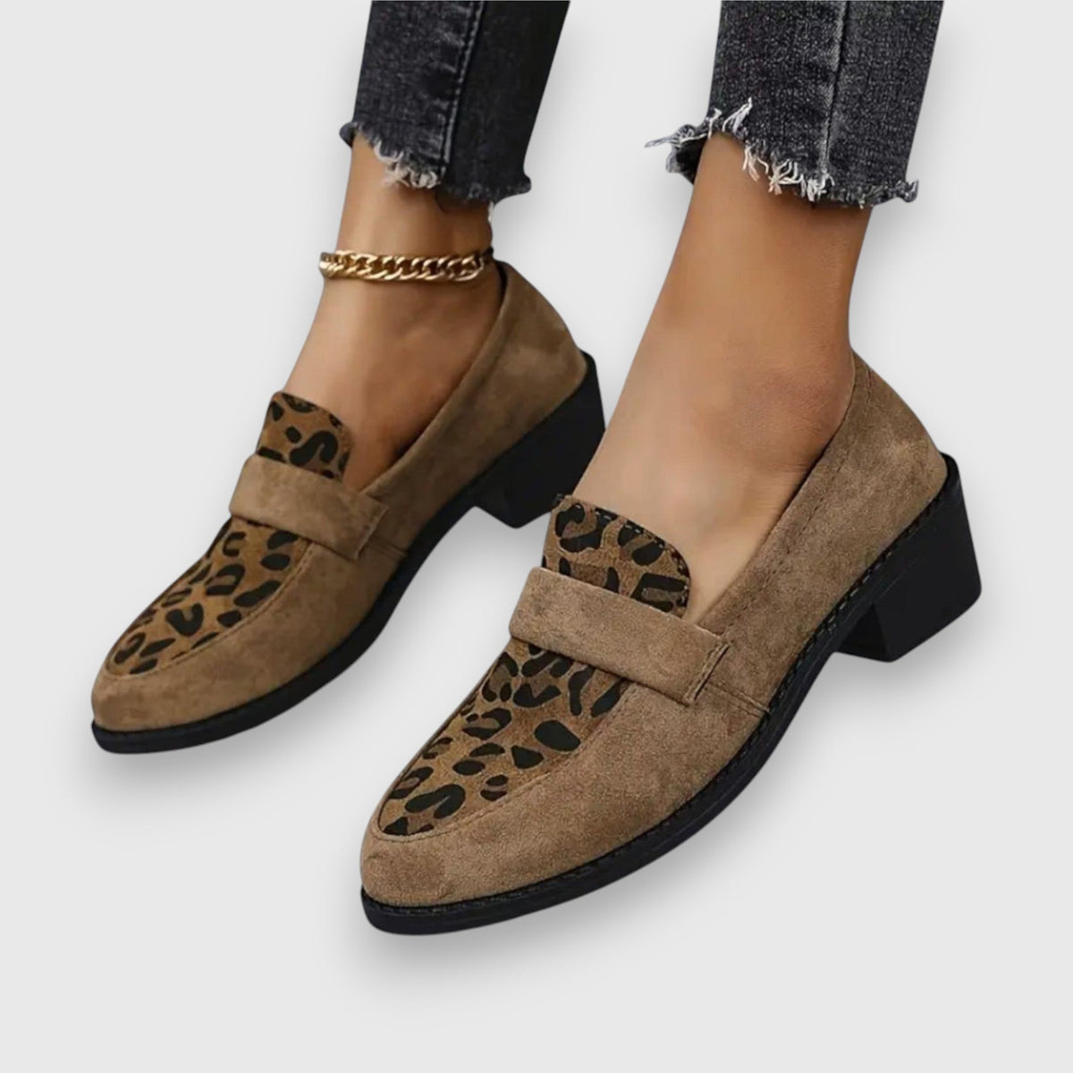 Bruna | Leopard Panel Block Heel Loafers, colour Brown