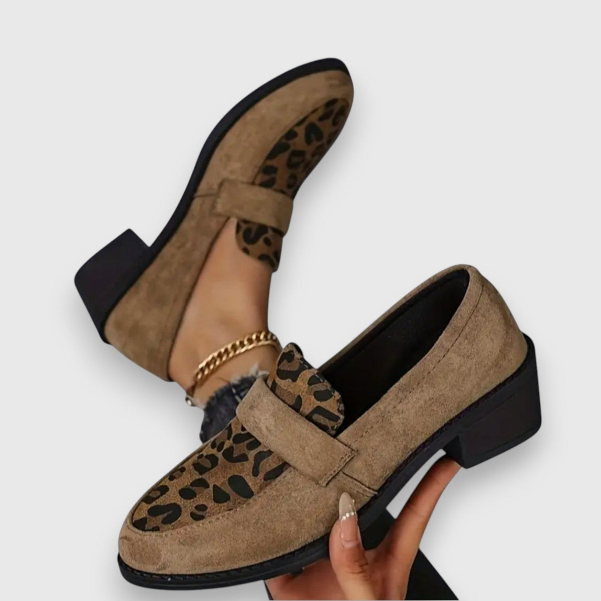 Bruna | Leopard Panel Block Heel Loafers, colour Brown