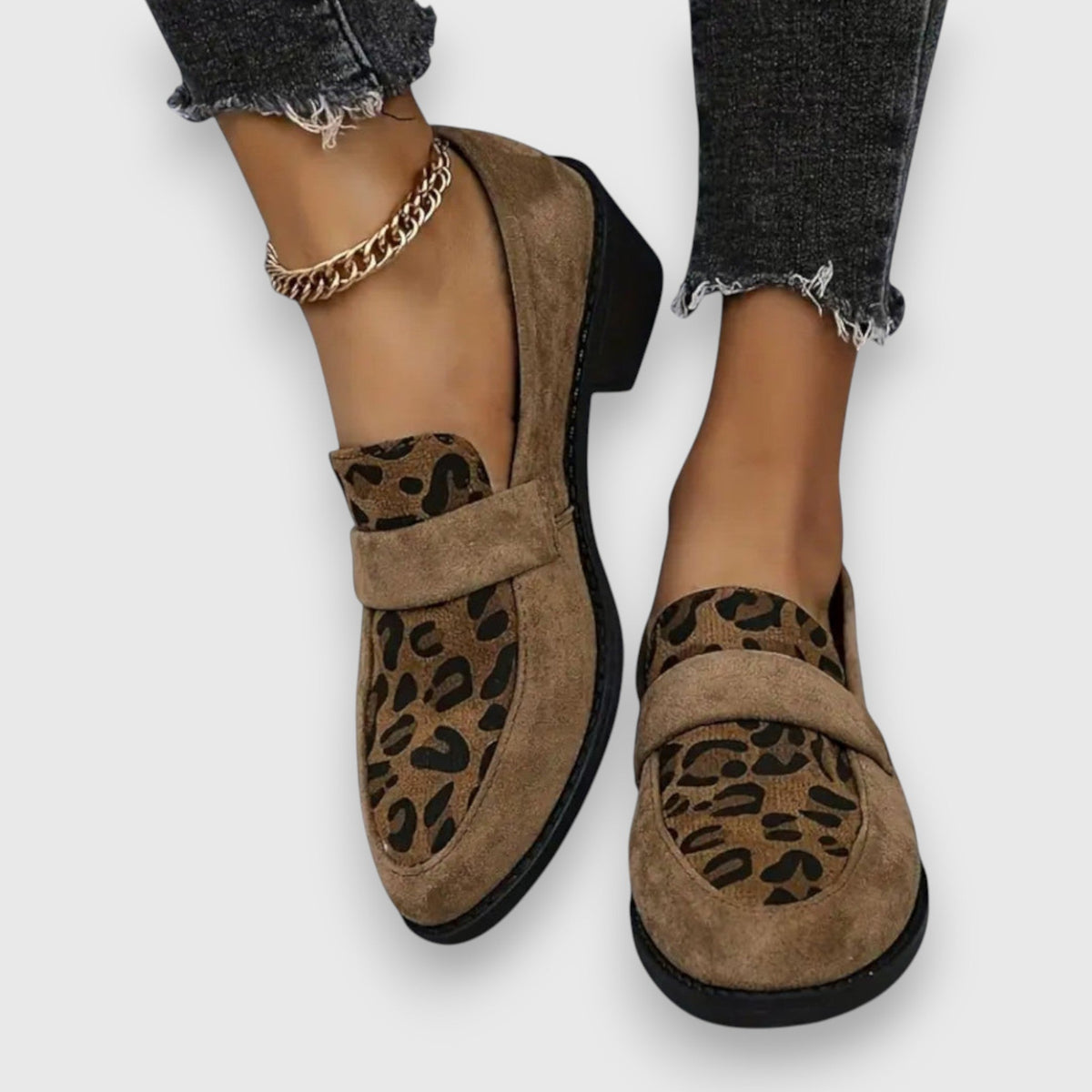 Bruna | Leopard Panel Block Heel Loafers, colour Brown