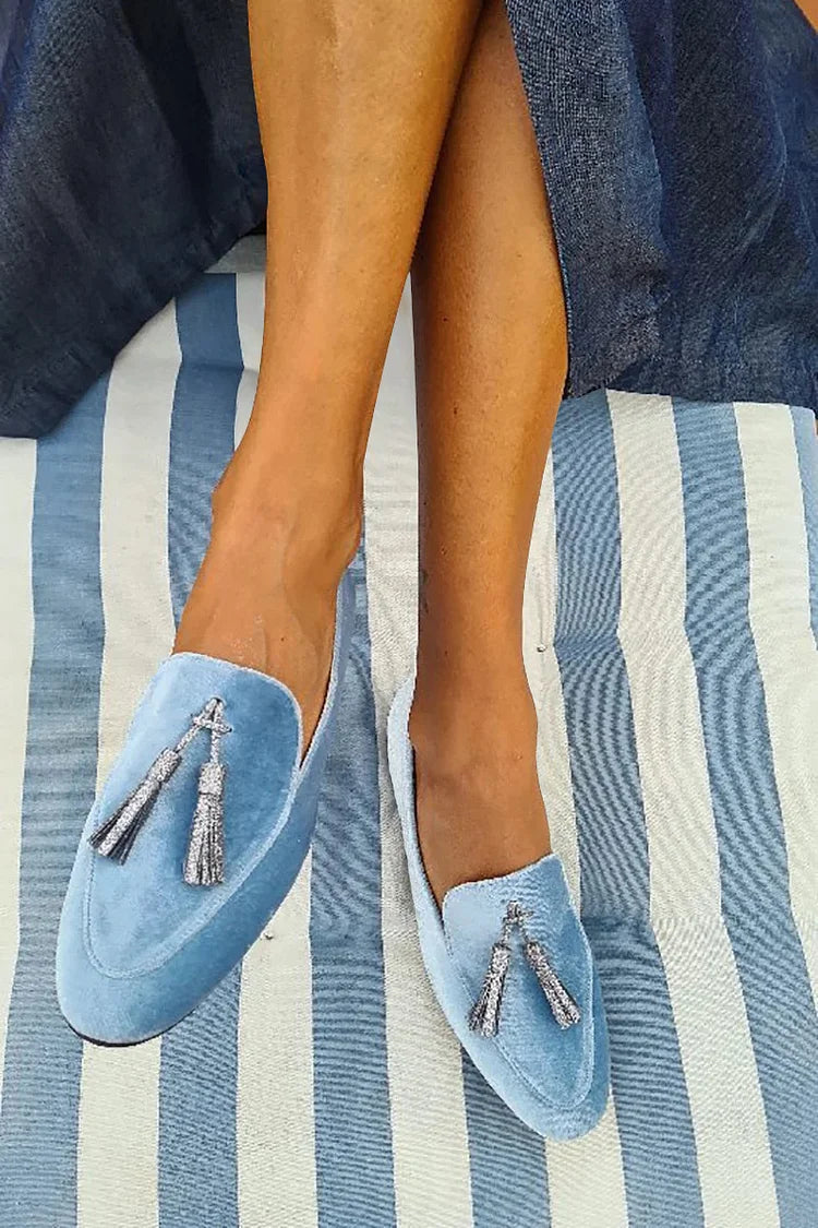 Brynlee | Light Blue Velvet-Look Tassel Loafers