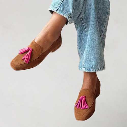 Calla | Tan Pink Tassel Loafers, colour Brown
