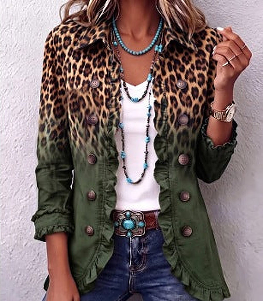 Carley | Olive Leopard Ombre Ruffle Blazer