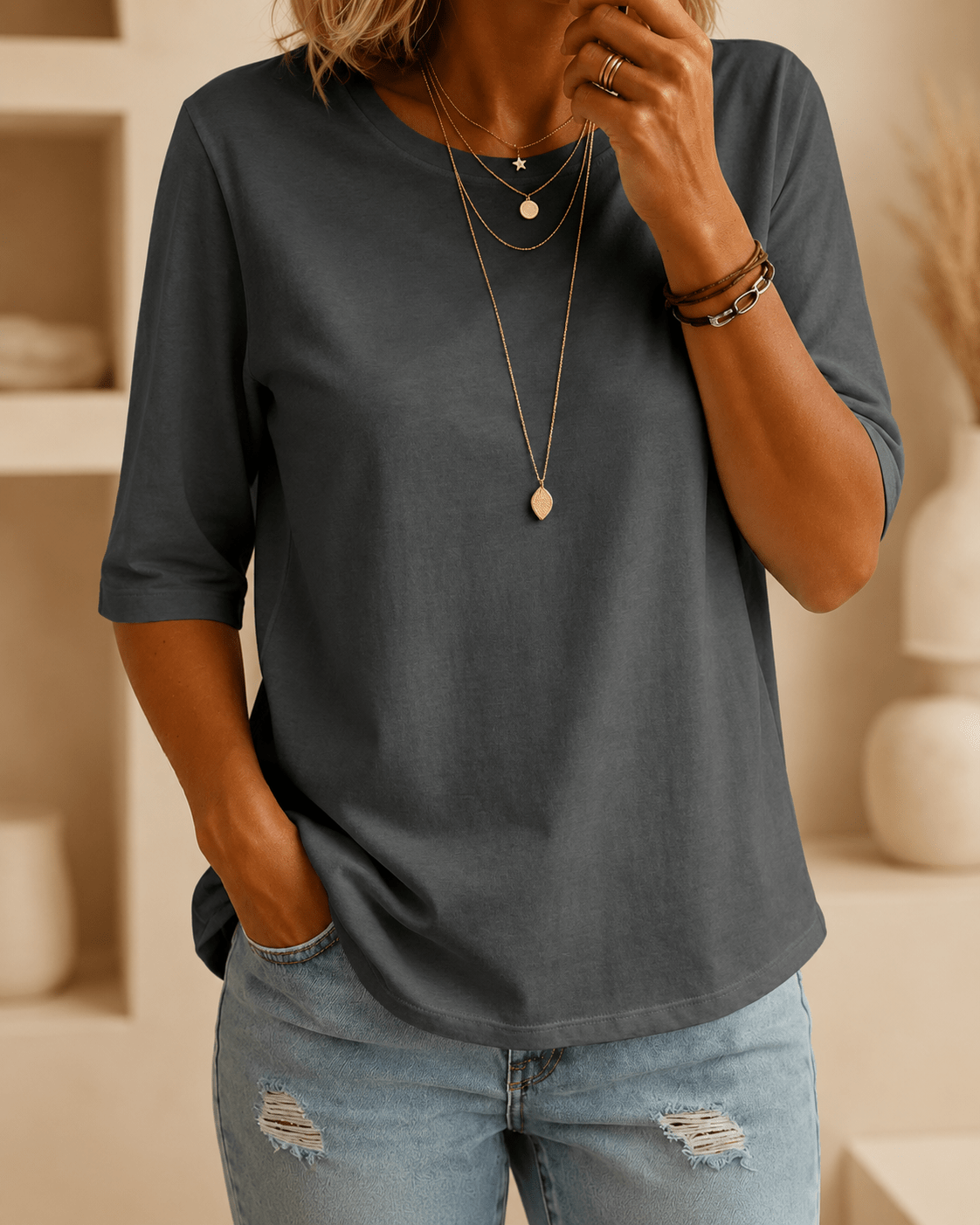 Carrie | Dark Grey Round Neck Tee, colour Dark Grey