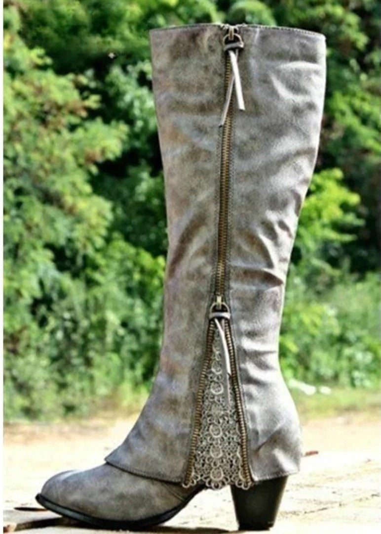 Cecily | Lace Panel Knee-High Boots, colour Grey