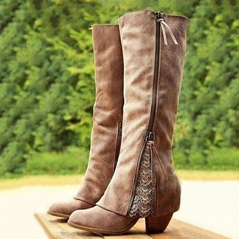 Cecily | Lace Panel Knee-High Boots, colour Taupe