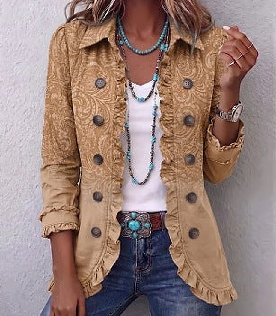 Clarice | Camel Western Print Ruffle Jacket, colour Camel