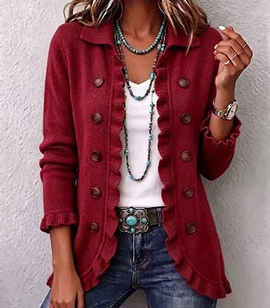 Claudette | Ruby Red Ribbed Knit Ruffle Jacket