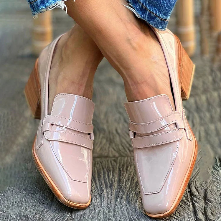 Corinne | Pink Patent Block Heel Loafers, colour Pink