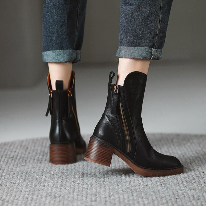 Cosima | Leather-Look Block Heel Ankle Boots, colour Black