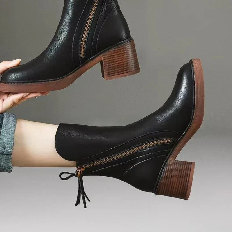Cosima | Leather-Look Block Heel Ankle Boots, colour Black
