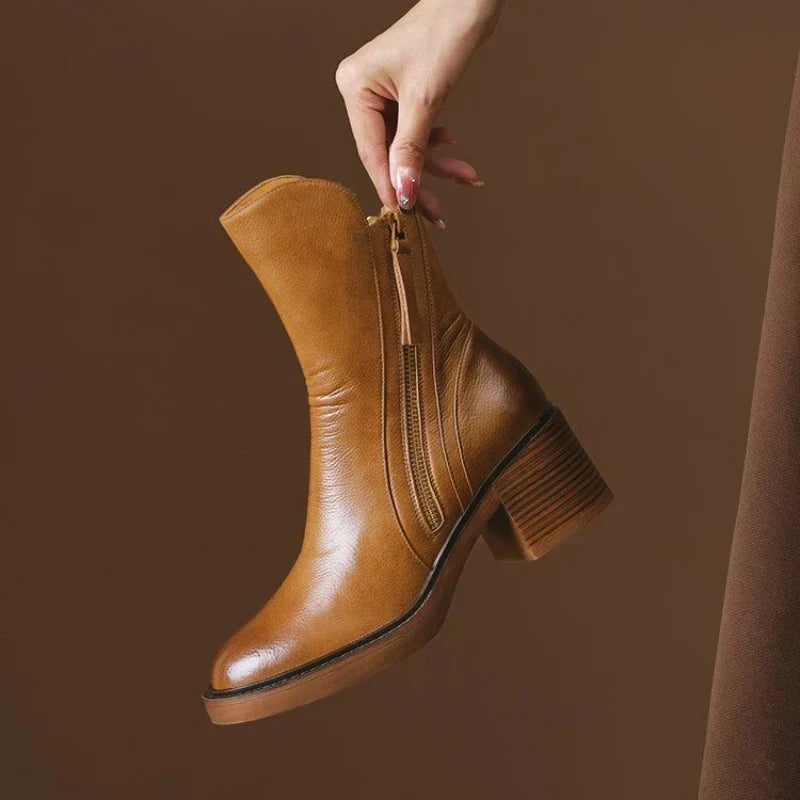Cosima | Leather-Look Block Heel Ankle Boots, colour Tan