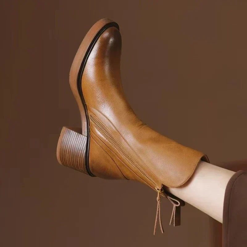 Cosima | Leather-Look Block Heel Ankle Boots, colour Tan
