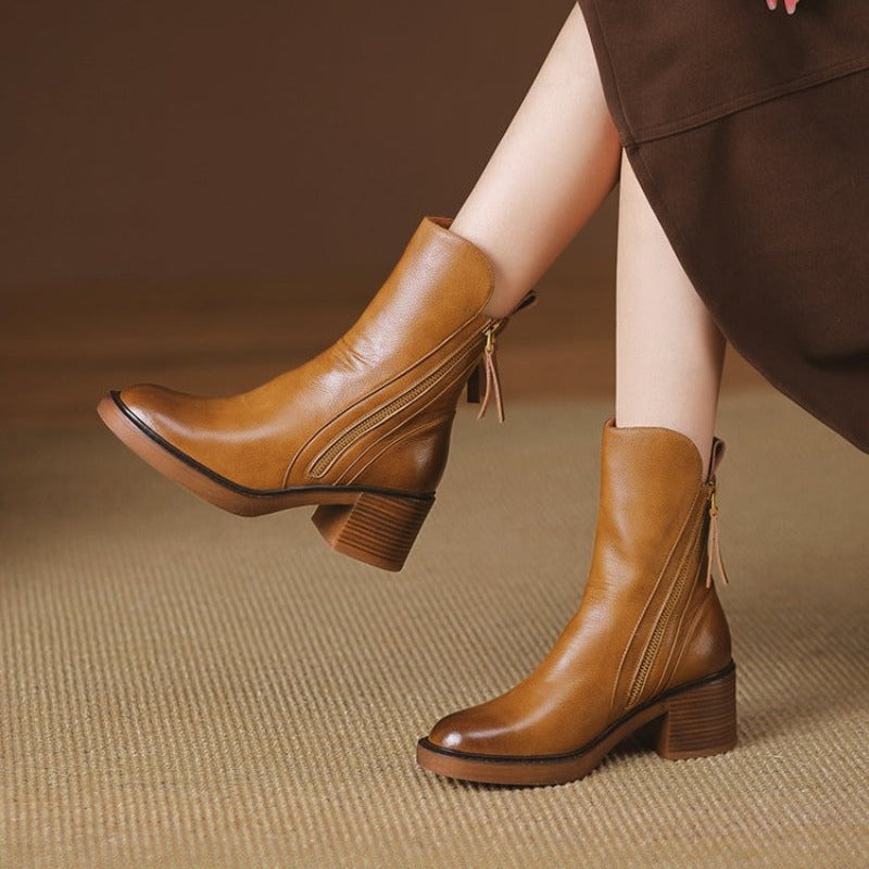Cosima | Leather-Look Block Heel Ankle Boots, colour Tan