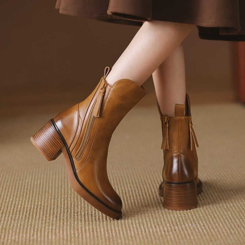 Cosima | Leather-Look Block Heel Ankle Boots, colour Tan