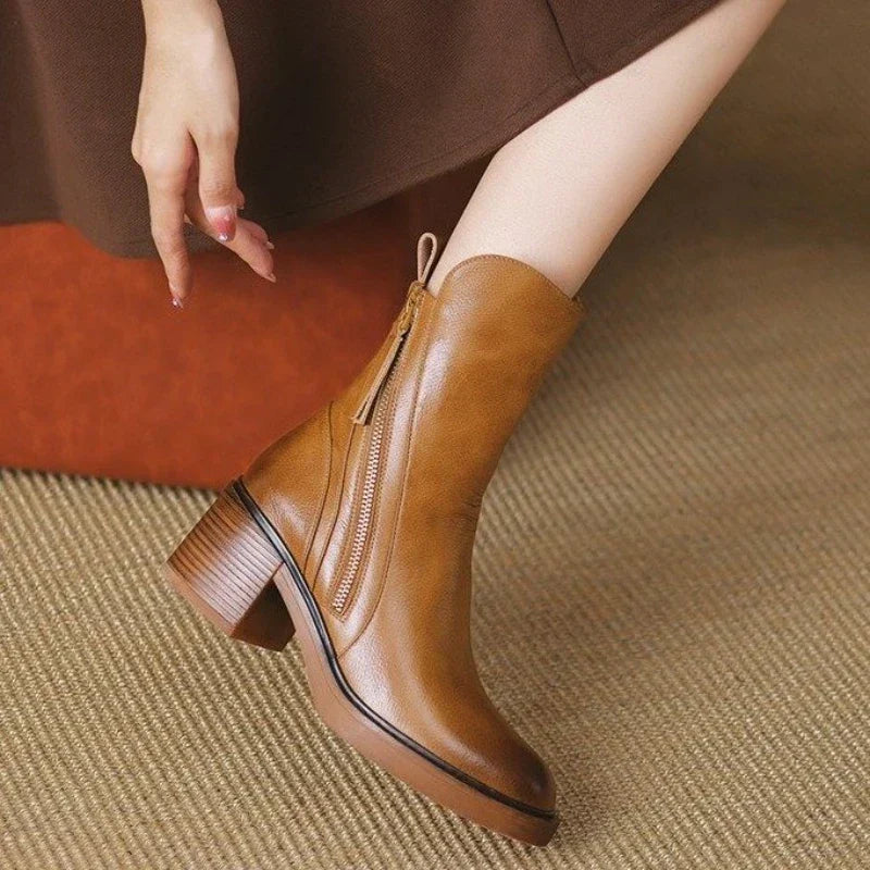 Cosima | Leather-Look Block Heel Ankle Boots, colour Tan