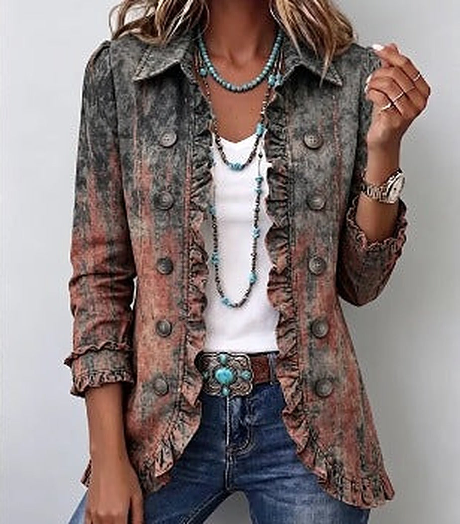 Daphne | Rust Textured Ombre Ruffle Jacket, colour Rust Brown