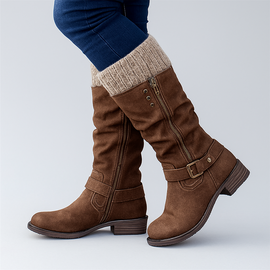 Deirdre | Knit Cuff Buckle Mid-Calf Boots, colour Brown