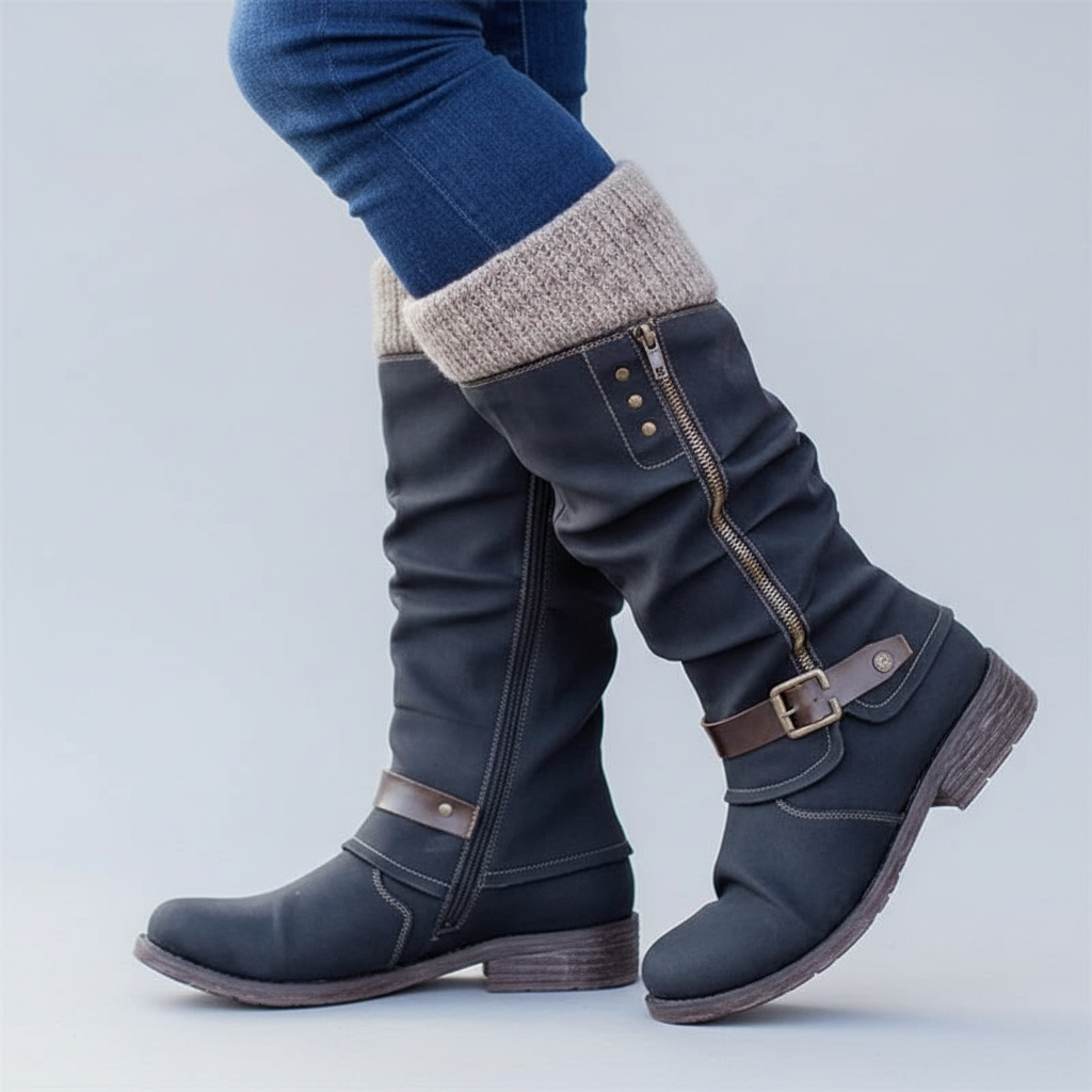Deirdre | Knit Cuff Buckle Mid-Calf Boots, colour Navy