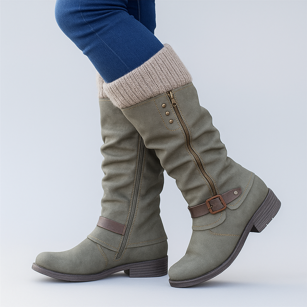 Deirdre | Knit Cuff Buckle Mid-Calf Boots, colour Olive