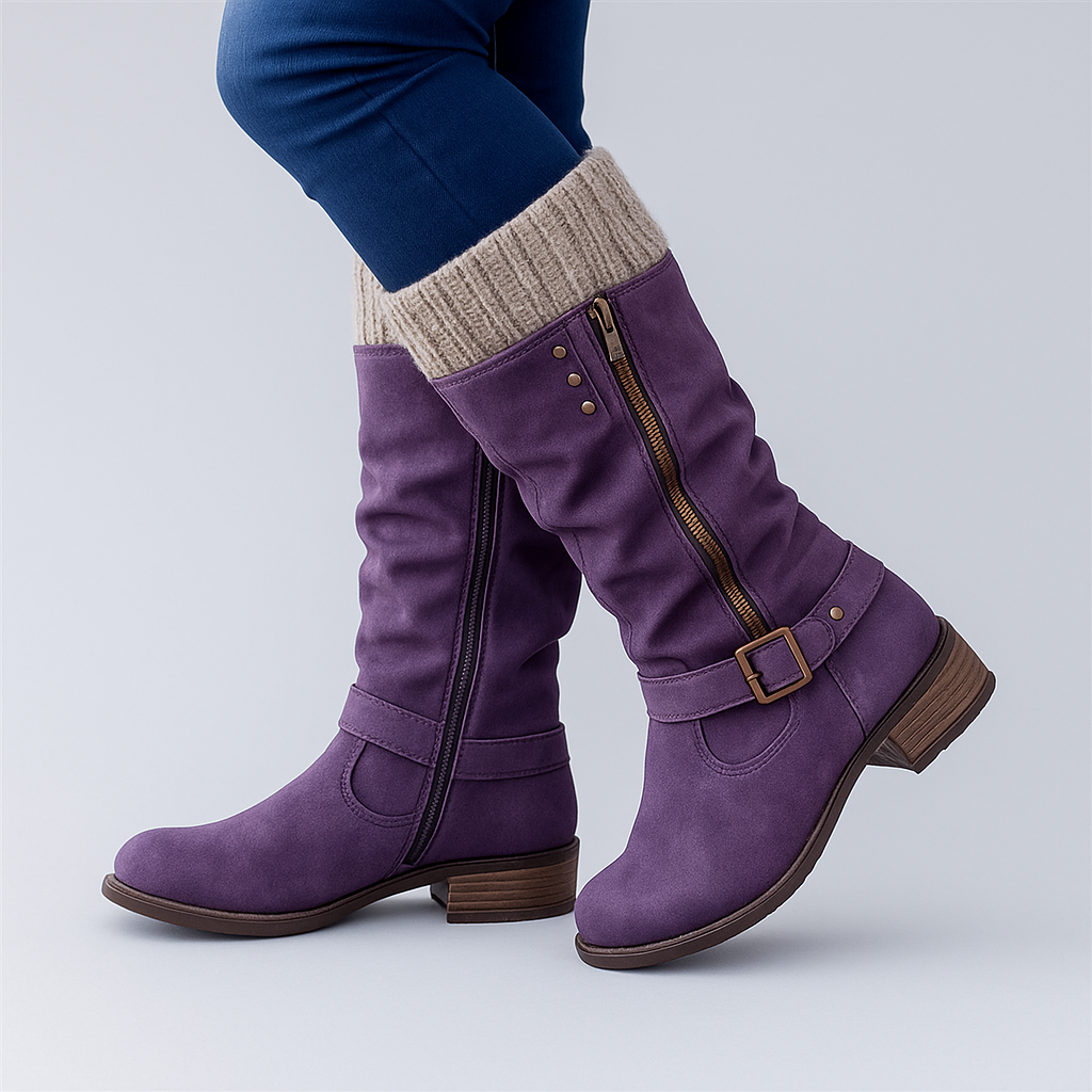 Deirdre | Knit Cuff Buckle Mid-Calf Boots, colour Purple