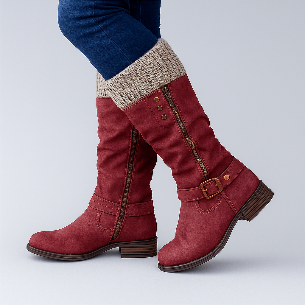 Deirdre | Knit Cuff Buckle Mid-Calf Boots, colour Red