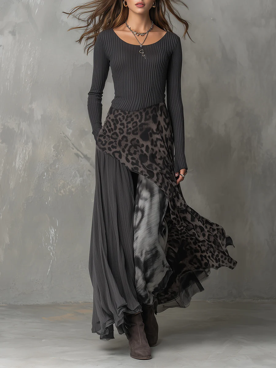 Demelza | Grey Leopard Panel Maxi Dress, colour Grey
