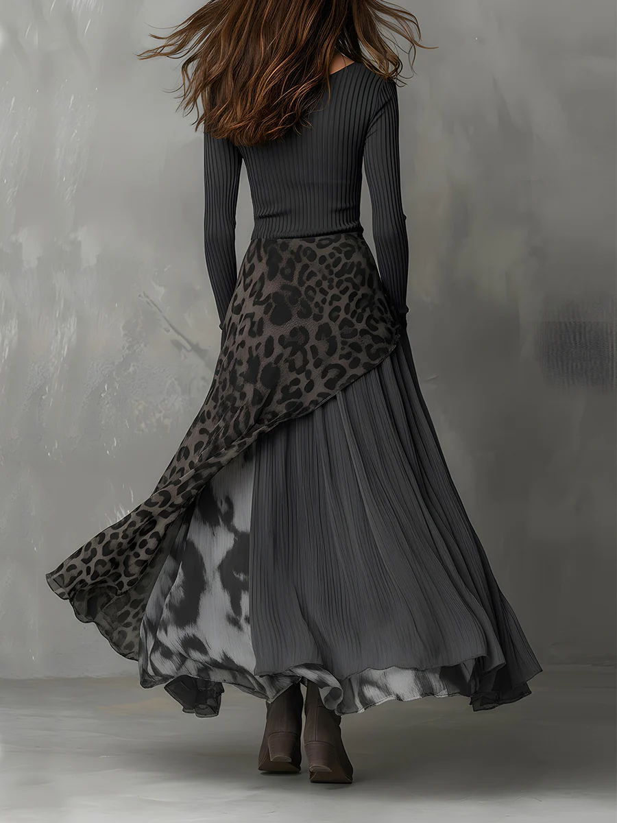 Demelza | Grey Leopard Panel Maxi Dress, colour Grey