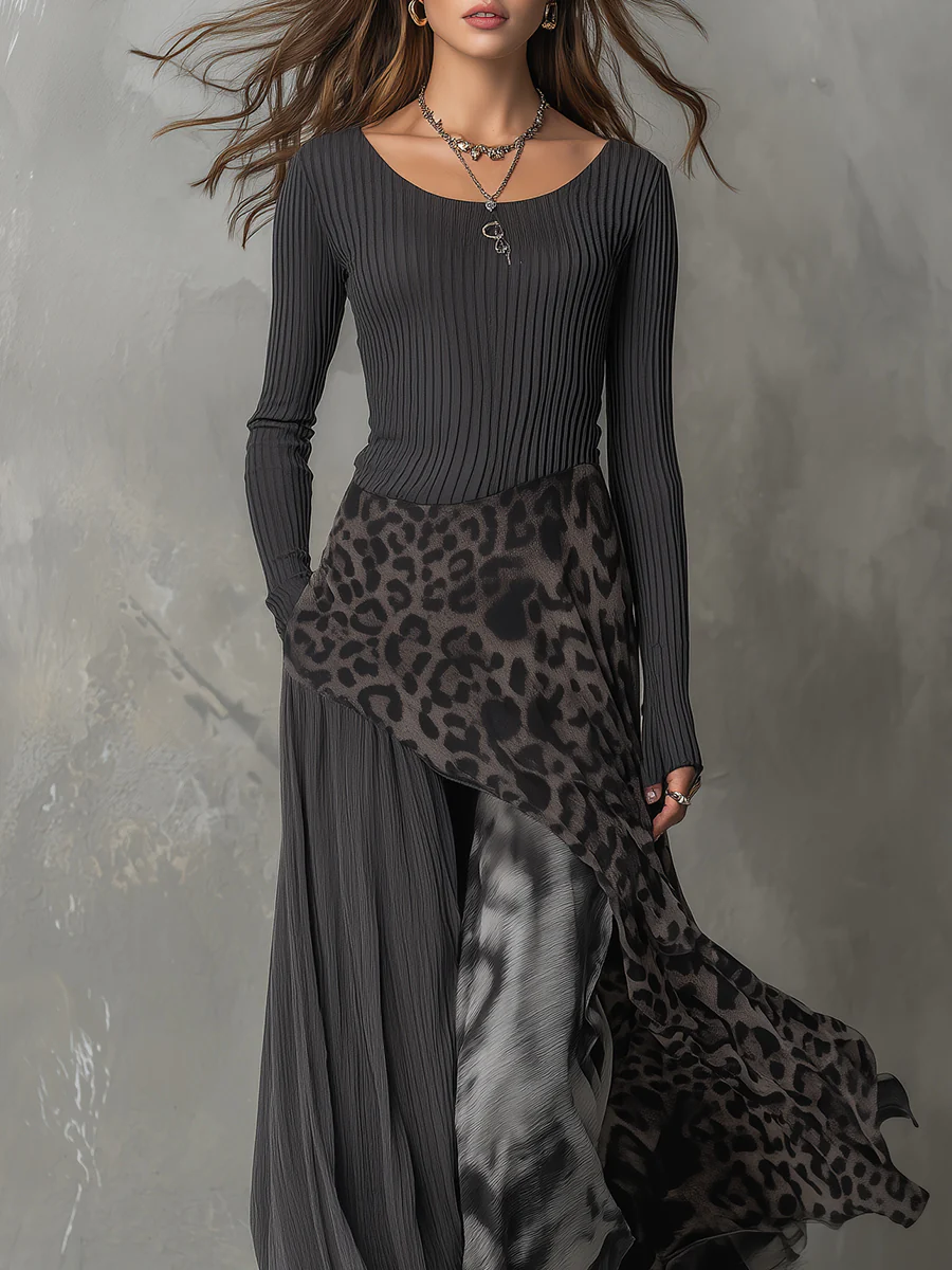 Demelza | Grey Leopard Panel Maxi Dress, colour Grey