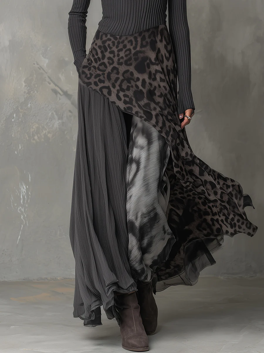 Demelza | Grey Leopard Panel Maxi Dress, colour Grey