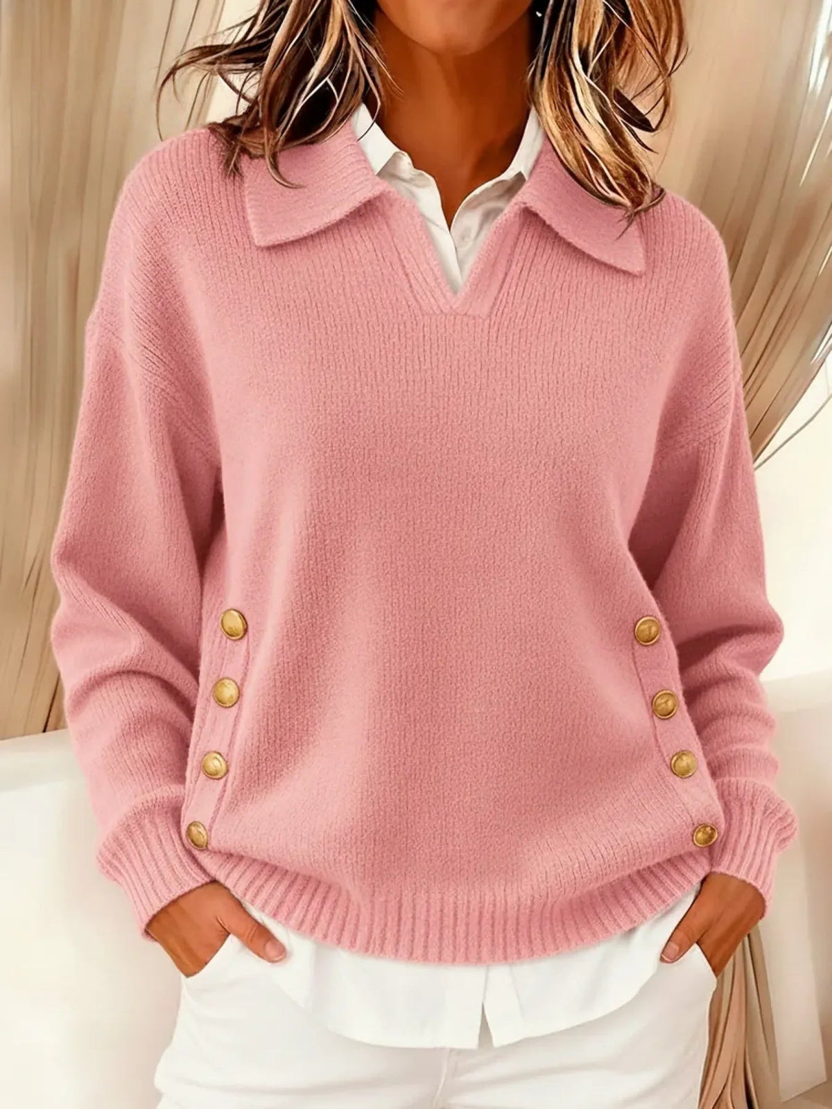 Dulcie | Collared V-Neck Jumper, colour Pink