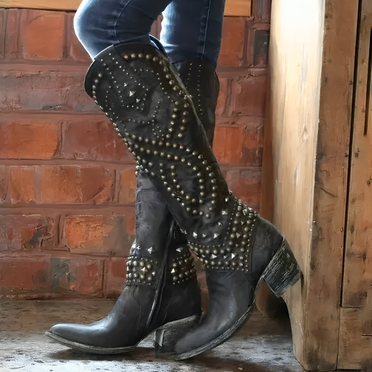 Edwina | Studded Swirl Western Boots, colour Black