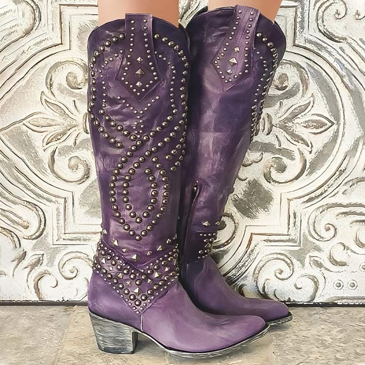 Edwina | Studded Swirl Western Boots, colour Purple