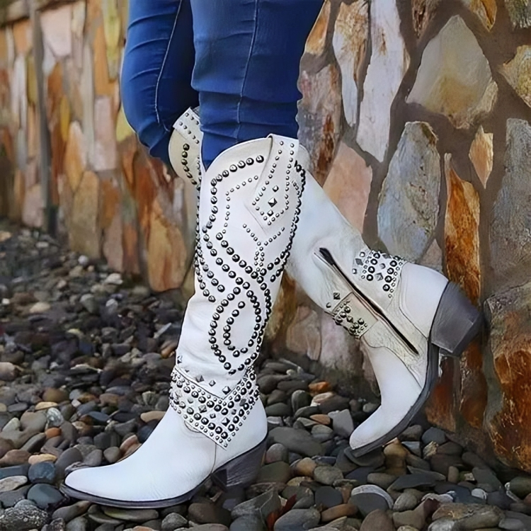 Edwina | Studded Swirl Western Boots, colour White