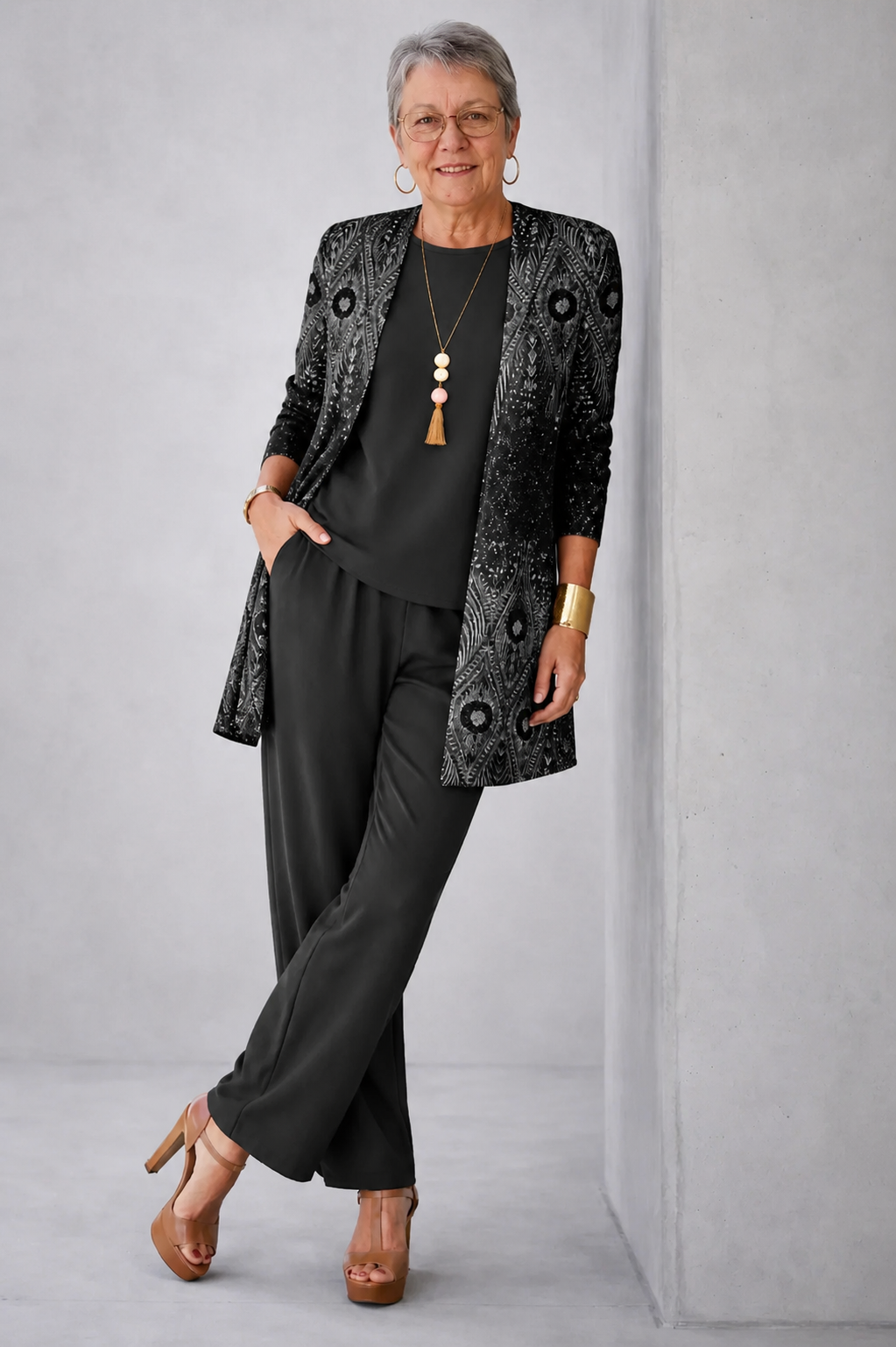 Effie | Black Ornate Print Three-Piece Set, colour Black