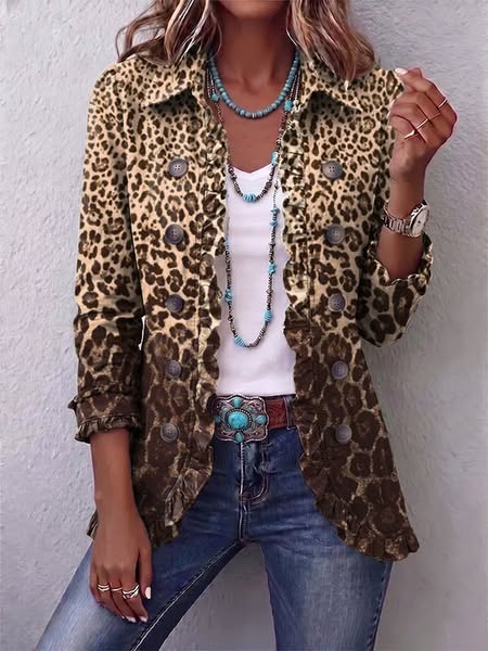 Elvira | Brown Leopard Ruffle Jacket, colour Brown Leopard